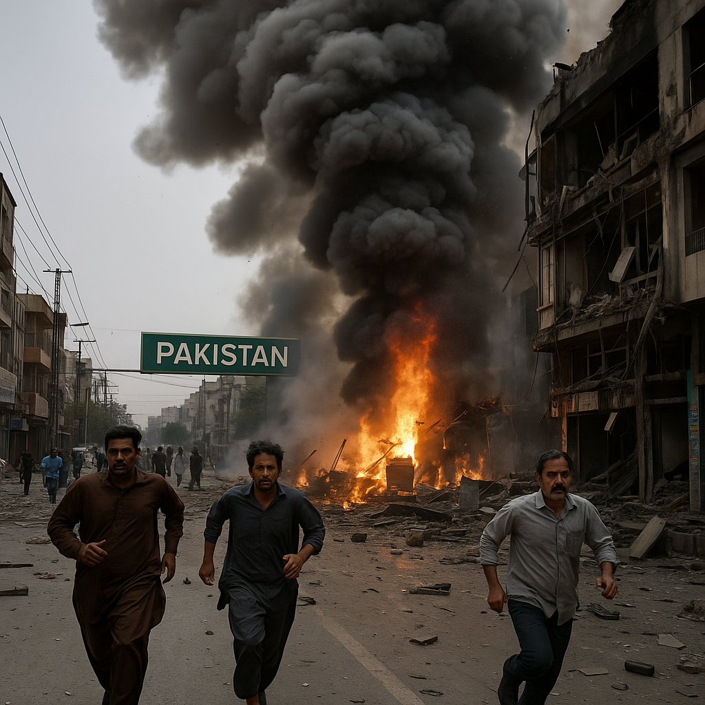 Aftermath of a bomb blast in Pakistan showing smoke-filled street, burning building, and panicked civilians running